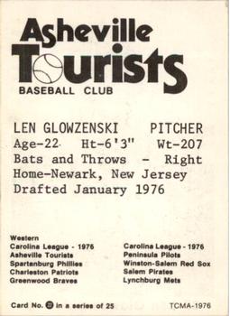 1976 TCMA Asheville Tourists #22 Len Glowzenski Back