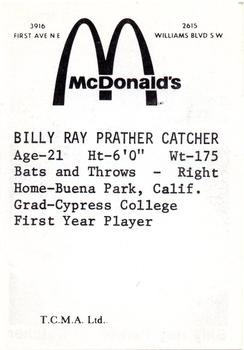 1976 TCMA Cedar Rapids Giants #NNO Billy Ray Prather Back