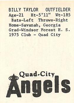 1976 TCMA Quad City Angels #NNO Billy Taylor Back