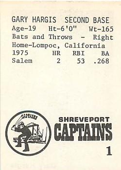1976 TCMA Shreveport Captains #1 Gary Hargis Back