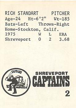 1976 TCMA Shreveport Captains #2 Rich Standart Back
