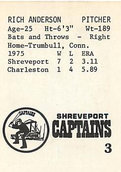 1976 TCMA Shreveport Captains #3 Rich Anderson Back