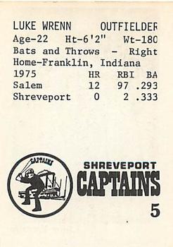 1976 TCMA Shreveport Captains #5 Luke Wrenn Back