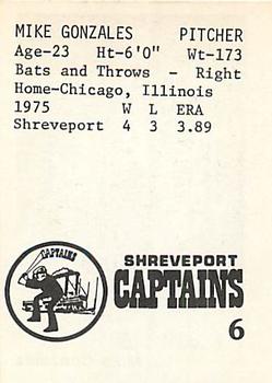 1976 TCMA Shreveport Captains #6 Mike Gonzalez Back