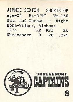 1976 TCMA Shreveport Captains #8 Jim Sexton Back
