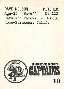 1976 TCMA Shreveport Captains #10 Dave Nelson Back