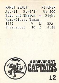 1976 TCMA Shreveport Captains #12 Randy Sealy Back