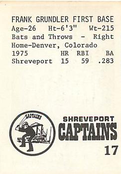 1976 TCMA Shreveport Captains #17 Frank Grundler Back