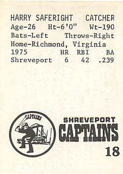 1976 TCMA Shreveport Captains #18 Harry Saferight Back