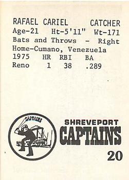 1976 TCMA Shreveport Captains #20 Rafael Cariel Back