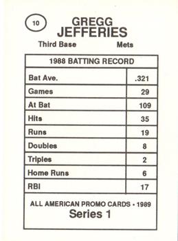 1989 All American Promo Series 1 (unlicensed) #10 Gregg Jefferies Back