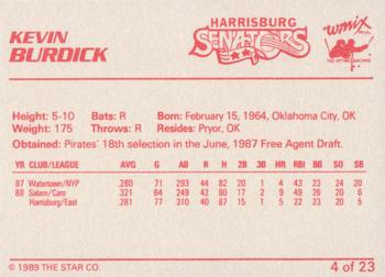 1989 Star Harrisburg Senators - Platinum #4 Kevin Burdick Back