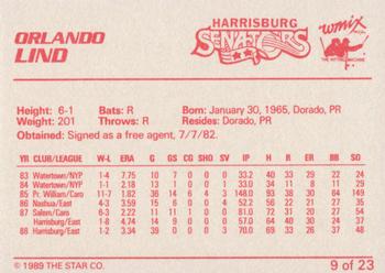 1989 Star Harrisburg Senators - Platinum #9 Orlando Lind Back