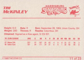 1989 Star Harrisburg Senators - Platinum #11 Tim McKinley Back