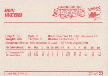 1989 Star Harrisburg Senators - Platinum #21 Ben Webb Back