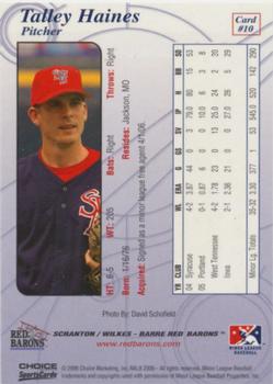 2006 Choice Scranton/Wilkes-Barre Red Barons #10 Talley Haines Back