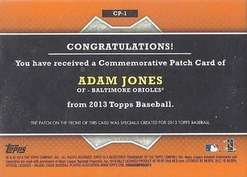 2013 Topps - Commemorative Patch #CP-1 Adam Jones Back