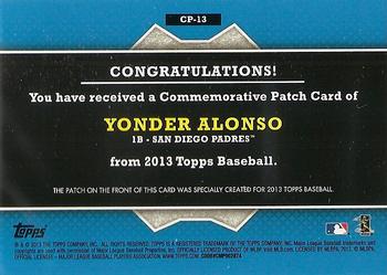 2013 Topps - Commemorative Patch #CP-13 Yonder Alonso Back