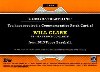 2013 Topps - Commemorative Patch #CP-19 Will Clark Back