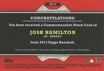 2013 Topps - Commemorative Patch #CP-31 Josh Hamilton Back