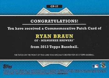 2013 Topps - Commemorative Patch #CP-17 Ryan Braun Back