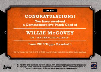 2013 Topps - Manufactured Rookie Card Patch #RCP-6 Willie McCovey Back