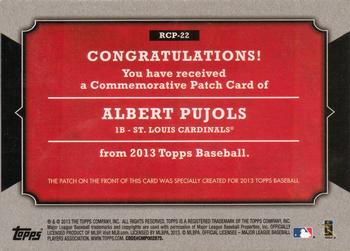 2013 Topps - Manufactured Rookie Card Patch #RCP-22 Albert Pujols Back
