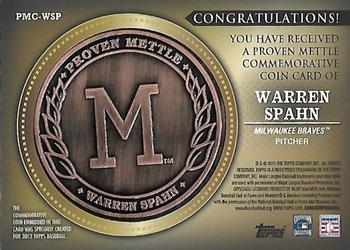 2013 Topps - Proven Mettle Coins Copper #PMC-WSP Warren Spahn Back