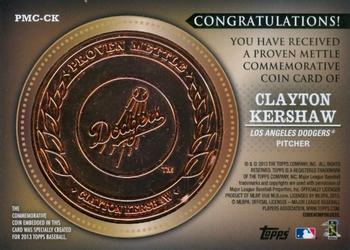 2013 Topps - Proven Mettle Coins Copper #PMC-CK Clayton Kershaw Back