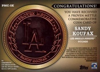 2013 Topps - Proven Mettle Coins Copper #PMC-SK Sandy Koufax Back