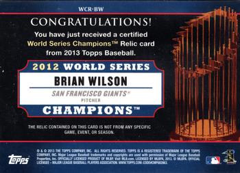 2013 Topps - World Champion Relics #WCR-BW Brian Wilson Back