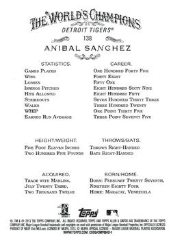 2013 Topps Allen & Ginter #138 Anibal Sanchez Back