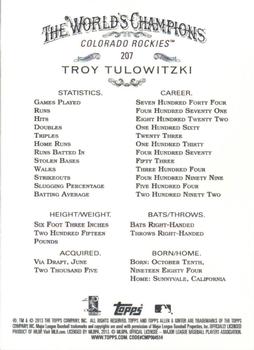 2013 Topps Allen & Ginter #207 Troy Tulowitzki Back