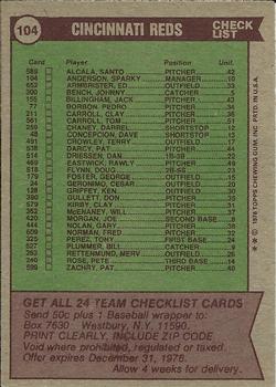 1976 Topps #104 Cincinnati Reds / Sparky Anderson Back