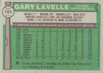 1976 Topps #105 Gary Lavelle Back