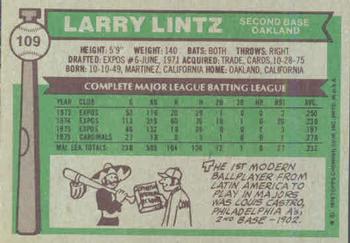 1976 Topps #109 Larry Lintz Back