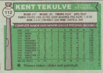 1976 Topps #112 Kent Tekulve Back