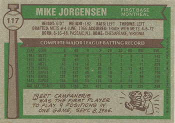1976 Topps #117 Mike Jorgensen Back