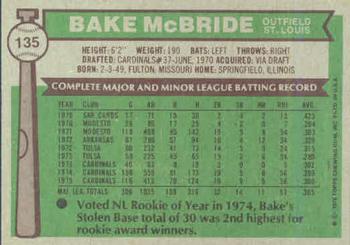 1976 Topps #135 Bake McBride Back