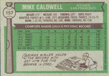 1976 Topps #157 Mike Caldwell Back