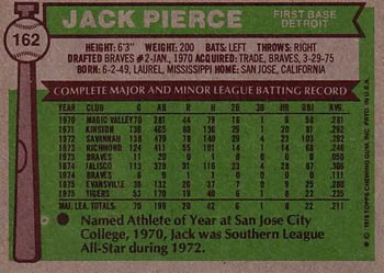 1976 Topps #162 Jack Pierce Back