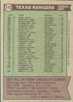 1976 Topps #172 Texas Rangers / Frank Lucchesi Back