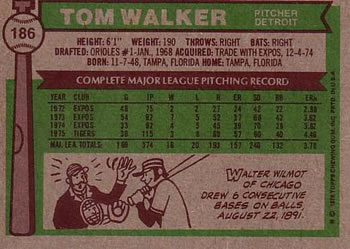1976 Topps #186 Tom Walker Back