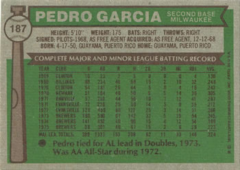 1976 Topps #187 Pedro Garcia Back