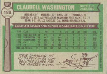 1976 Topps #189 Claudell Washington Back