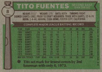 1976 Topps #8 Tito Fuentes Back