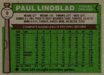 1976 Topps #9 Paul Lindblad Back