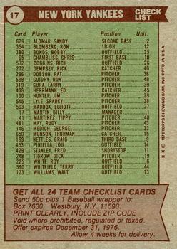 1976 Topps #17 New York Yankees / Billy Martin Back
