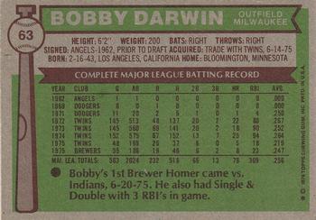 1976 Topps #63 Bobby Darwin Back