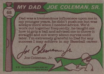 1976 Topps #68 Joe Coleman / Joe Coleman, Jr. Back